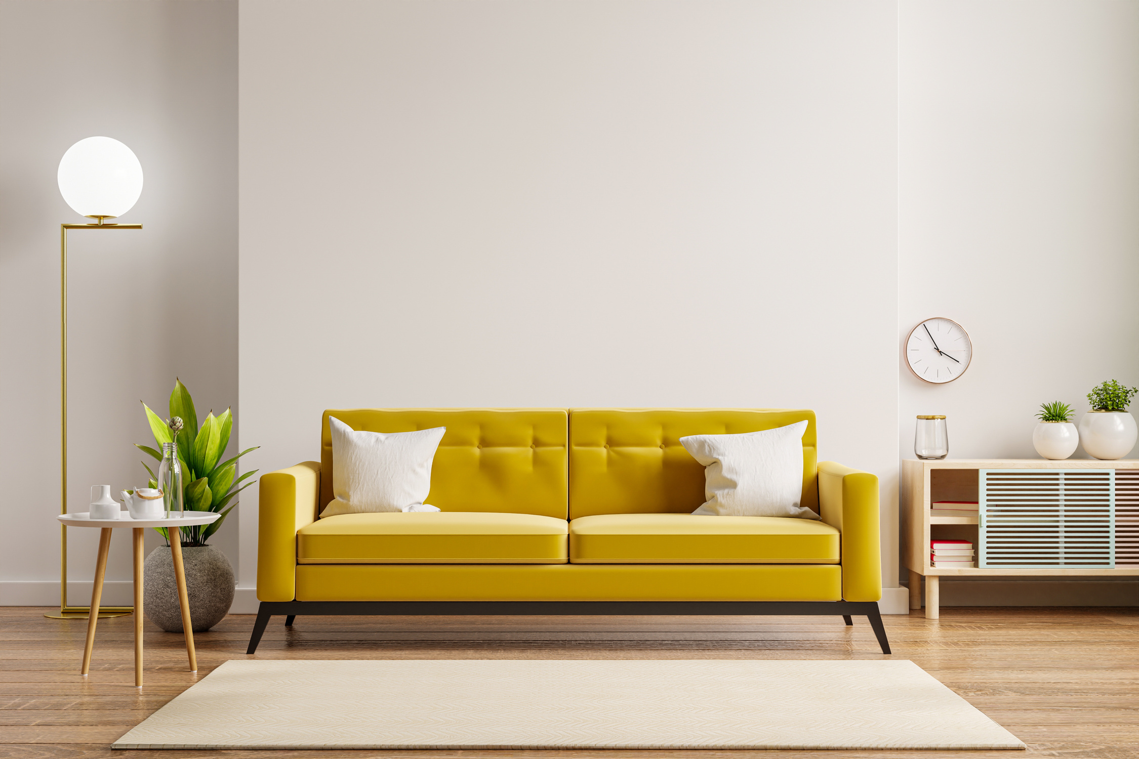 Yellow Sofa and Wooden Table in Living Room Interior